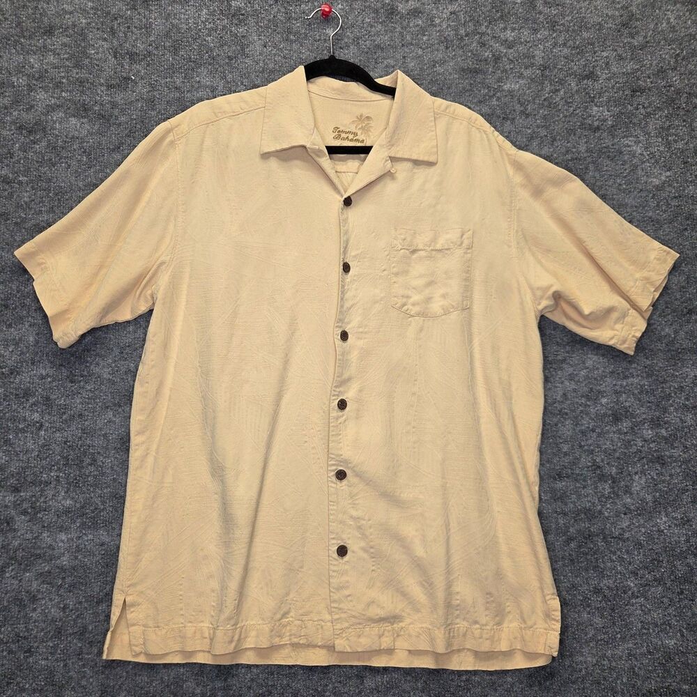 Tommy Bahama Shirt Mens Medium Beige Silk Hawaiian Floral Button Up Camp Casual